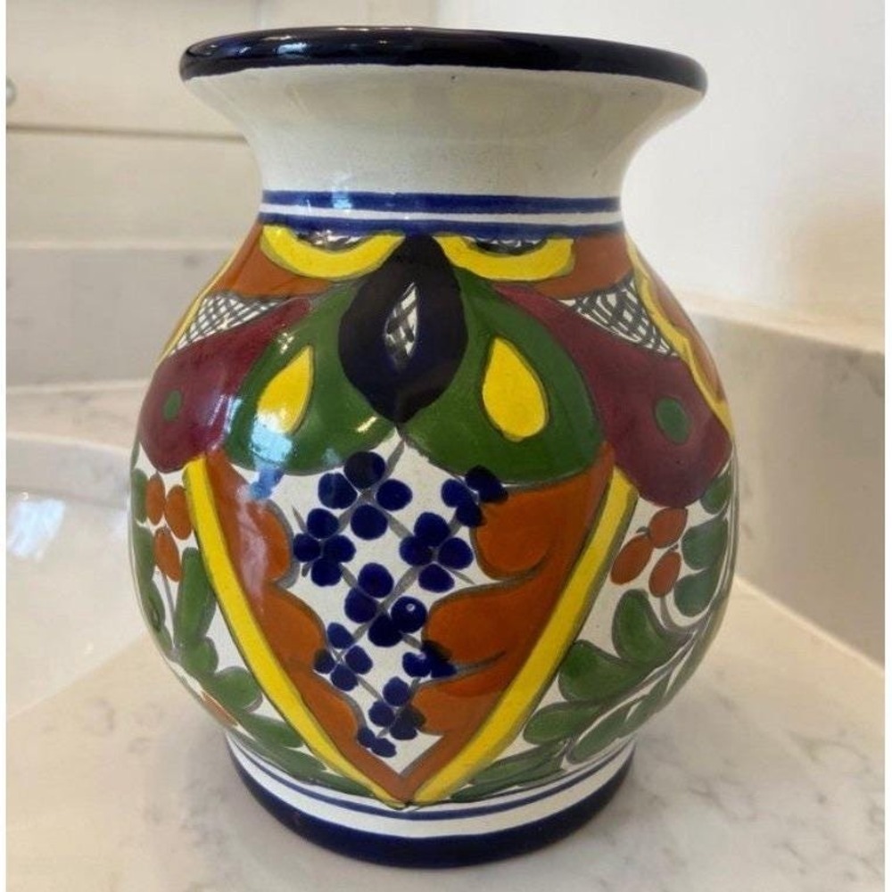 Vintage Talavera Pottery Vase Hand Painted Florals And Traditional Colors EUC